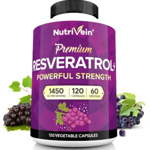 Nutrivein Pure Resveratrol Supplement offers 1450 mg per serving in 120 vegetable capsules, a premium import at Curat Cart.