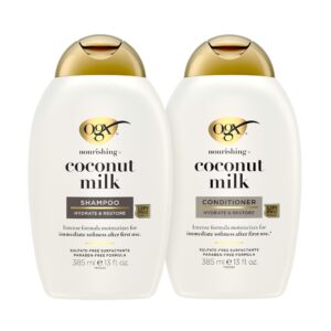 Authentic OGX Coconut Milk Shampoo and Conditioner set, 385ml each, for hydration and restoration of soft hair.