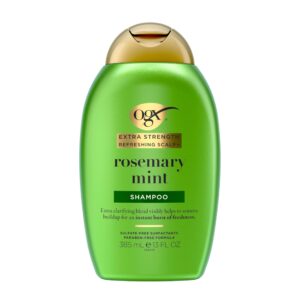 Discover OGX Extra Strength Rosemary Mint Shampoo, a genuine formula that refreshes and clarifies your scalp for instant freshness.