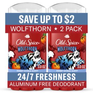 Discover the authentic Old Spice Wolftorn deodorant 2-pack, featuring a sweet citrus scent for 24/7 freshness.