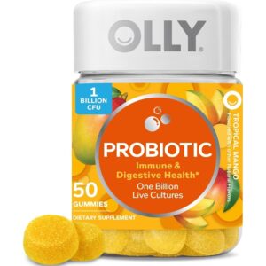 Authentic OLLY Probiotic Gummies in Tropical Mango flavor. Supports immune and digestive health with 1 billion live cultures.