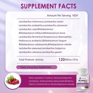 OMOGS Women's Probiotic with Cranberry shows authentic supplement facts, featuring 120 billion CFUs for digestive health.