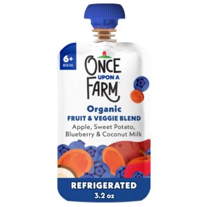 Once Upon a Farm organic baby food pouch featuring apple, sweet potato, blueberry, and coconut milk. Premium import available at Curat Cart.