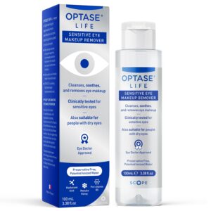 OPTASE Life Sensitive Eye Makeup Remover, a premium import, gently cleanses and soothes sensitive eyes. Available at Curat Cart.
