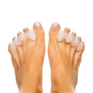 Authentic Ease Relief Gel Toe Correctors on feet, designed for comfort and alignment. Experience soothing relief daily.
