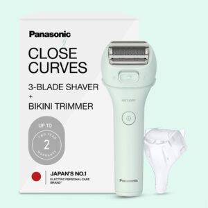 100% Genuine Panasonic Electric Bikini Trimmer in mint green, featuring a 3-blade shaver and two-year warranty.