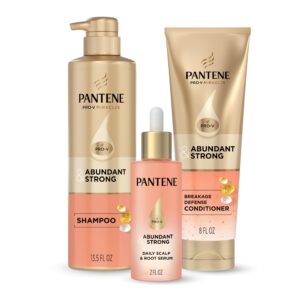 Authentic Pantene Abundant & Strong regimen featuring shampoo, conditioner, and scalp serum for healthy hair.