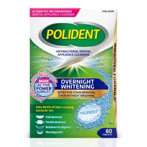 Polident Dental Appliance Cleanser, a premium import for overnight whitening. Effective stain removal for dentures and retainers. Available at Curat Cart.