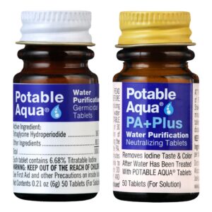 Potable Aqua water purification tablets, 100% genuine, remove iodine taste and color for safe drinking water.