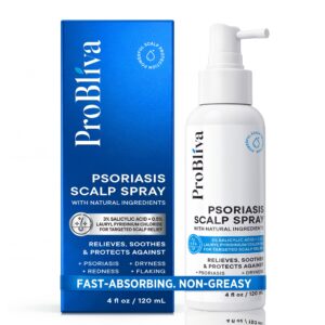 ProBliva Psoriasis Scalp Spray, a premium import, relieves and protects against psoriasis, soothing dryness and flaking. Available at Curat Cart.