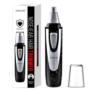100% Genuine ZORAMI professional ear and nose hair trimmer, waterproof design, includes cleaning brush for easy maintenance.