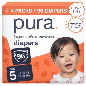 Pura Baby Diapers for sensitive skin, premium import from Curat Cart, featuring 96 diapers in size 5, ideal for 12-16 kg infants.