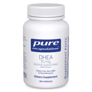 Authentic Pure Encapsulations DHEA supplement, 10 mg, 180 capsules, gluten-free and non-GMO for optimal health.