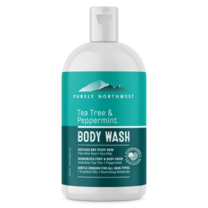 Purely Northwest Tea Tree Body Wash, a premium import, soothes dry itchy skin with natural botanicals. Available at Curat Cart.