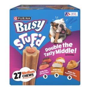 Discover Purina Busy Stuf'd Dog Chews, premium imported treats with tasty fillings. Available at Curat Cart for your pet's delight.