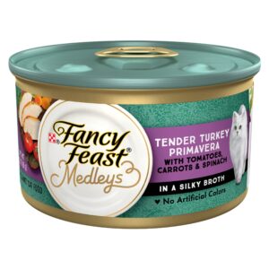 Purina Fancy Feast Turkey Primavera offers premium imported cat food with tender turkey, tomatoes, carrots, and spinach in silky broth. Available at Curat Cart.