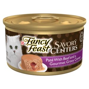 Purina Fancy Feast Savory Centers features gourmet beef paté with a delicious gravy center, a premium import available at Curat Cart.