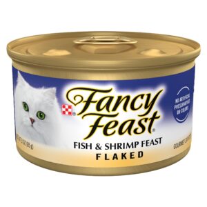 Indulge your cat with premium imported Purina Fancy Feast Wet Cat Food, featuring flaked fish and shrimp feast in gourmet quality. Available at Curat Cart.