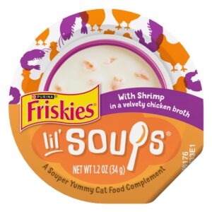 Delight your cat with Purina Friskies Lil Soups, a premium imported treat with shrimp in a velvety chicken broth from Curat Cart.