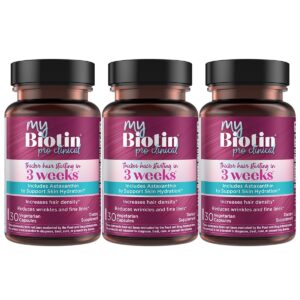 Authentic MyBiotin ProClinical bottles for thicker hair in 3 weeks. Includes Astaxanthin for skin hydration. 30 capsules.