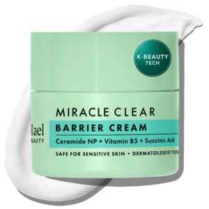 Premium imported Rael Miracle Clear Skin Barrier Cream features Ceramide NP, Vitamin B5, and Succinic Acid for sensitive skin. Available at Curat Cart.