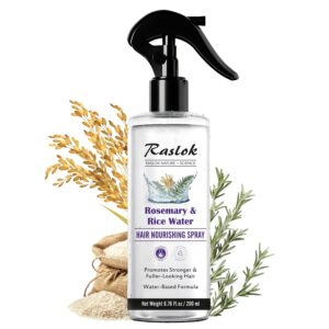Raslok Rosemary Rice Water Hair Spray, a premium imported product from Curat Cart, nourishes hair for a fuller look. Perfect for hair care.