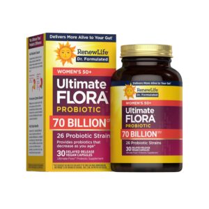 Renew Life Ultimate Flora Probiotics, a premium import with 70 billion CFUs, supports women's health. Available at Curat Cart.