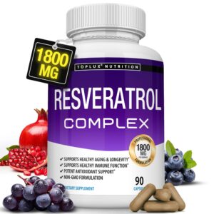 Toplux Nutrition's Resveratrol Complex offers 1800 mg of antioxidant support for healthy aging and immune function.