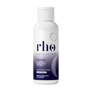 Authentic Rho Nutrition Liposomal NAD+ Supplement, 4 oz bottle, supports cellular health with a unique formula.