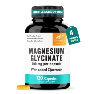 Authentic Sandhu's Magnesium Glycinate Capsules, 400 mg per capsule, 120 count, with added Quercetin for high absorption.