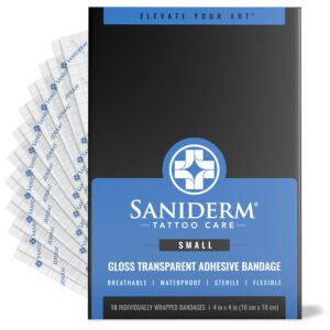 Discover authentic Saniderm Tattoo Aftercare Bandage, 10 waterproof, breathable, and flexible bandages for optimal tattoo healing.