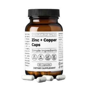 Authentic Santa Cruz Zinc Copper Supplement in a brown bottle, containing 60 capsules with simple ingredients.
