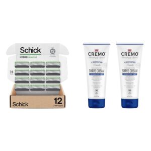 Authentic Schick Hydro Sensitive razor refills with Cremo shave cream, ensuring a smooth and refreshing shave.