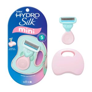 Discover the authentic Schick Hydro Silk Mini Razor with 5 blades, featuring a travel case and shower stand for convenience.