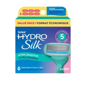 Authentic Schick Hydro Silk Razor refills for ultra-sensitive skin, featuring Hydra-Boost serum and aloe. Value pack of 6.