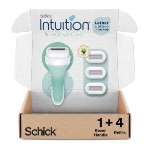 Discover the authentic Schick Intuition razors for women, featuring lather and shave in one step for sensitive care.