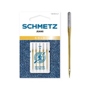 Premium imported SCHMETZ Gold Jeans Needles for effortless sewing on denim. Available at Curat Cart for quality craftsmanship.
