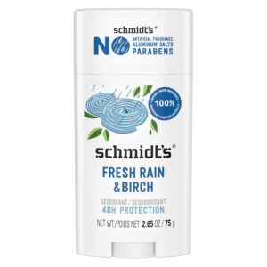 Discover Schmidt's 100% genuine Fresh Rain deodorant, free from aluminum and artificial fragrances, for 48-hour protection.