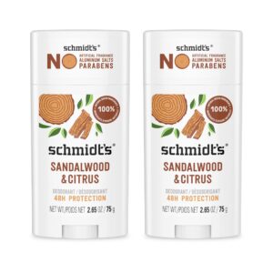 100% Genuine Schmidt's Natural Deodorant in Sandalwood Citrus, offering 48-hour protection without parabens or artificial fragrances.