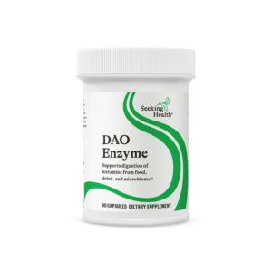 100% Genuine Seeking Health DAO Enzyme for digestive support, featuring 90 capsules in a sleek container.
