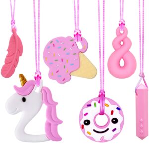 Vibrant sensory chew necklaces for kids featuring unicorn, ice cream, and donut designs. Premium imported products available at Curat Cart.