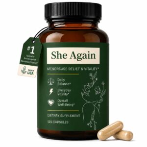 Premium imported She Again Menopause Supplement with Probiotics from Curat Cart enhances daily balance and overall well-being.
