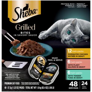 Indulge your cat with Sheba Perfect Portions Grilled Bites, a premium imported cat food featuring salmon and tuna in savory sauce. Available at Curat Cart.