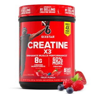 Purchase Six Star Creatine Monohydrate Powder, a 100% genuine supplement featuring 8g of creatine in fruit punch flavor.