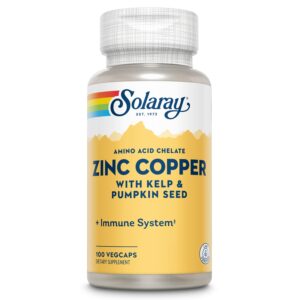 Authentic Solaray Zinc Copper Amino Acid Chelate, 100 vegcaps, supports immune system with kelp and pumpkin seed.