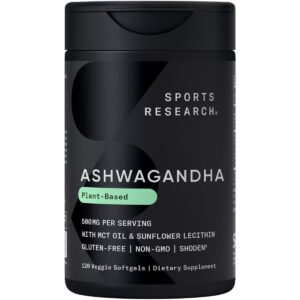 Discover 100% genuine Sports Research Ashwagandha softgels, plant-based, gluten-free, and non-GMO for your wellness.