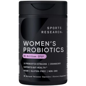 Sports Research Women's Probiotics: 100% genuine, 65 billion CFU, 16 strains for gut health. Vegan, gluten-free, non-GMO.