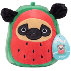 Discover the authentic Squishmallow Prince Watermelon Pug, a soft, vibrant plush toy perfect for cuddles.