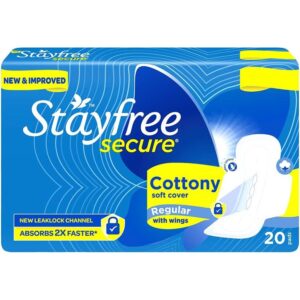 Discover 100% Genuine Stayfree Secure Cottony Wings pads. Soft cover, regular size, and enhanced absorption for ultimate comfort.