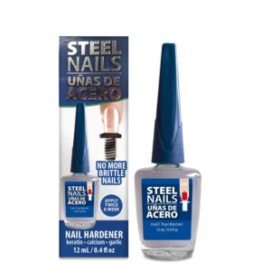 Premium imported Steel Nails Hardener enhances nail strength with keratin, calcium, and garlic. Available at Curat Cart.